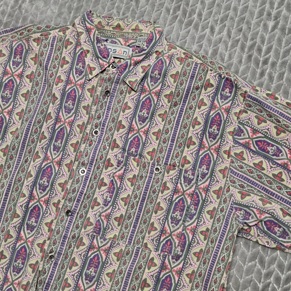Insan Mens Vintage‎ Geometric Tribal Stripe Cotton Button Down Shirt L